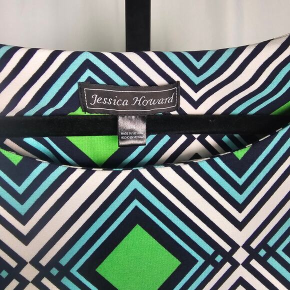 Jessica Howard Geo Print Stretch Sheath Dress Green Blue Size M Retro Mod Style - Picture 2 of 3